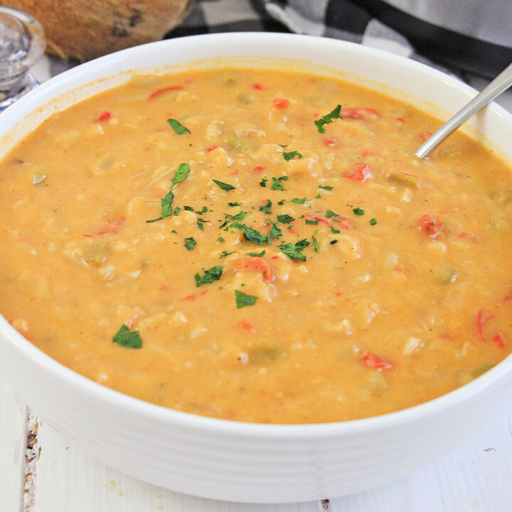 Coconut curry soup in a bowl.