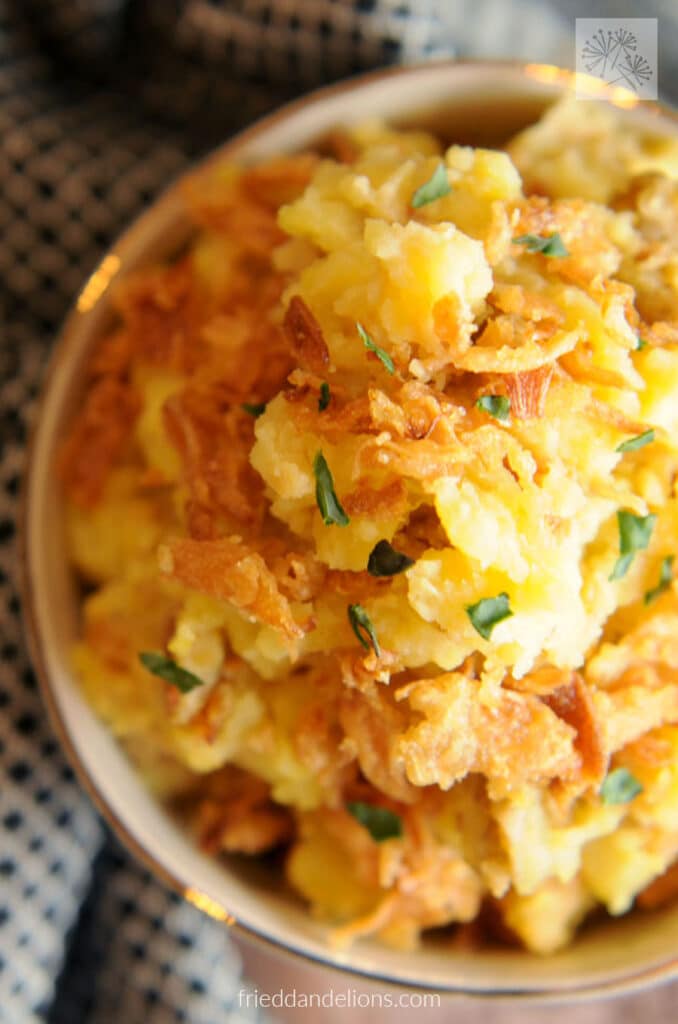 Instant Pot Mashed Potatoes with Fried Onion.