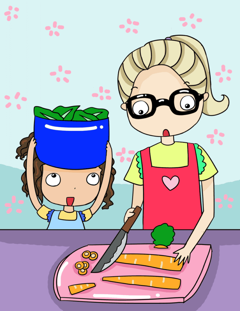 Angela and Sylvia Cartoon Chopping Carrots.