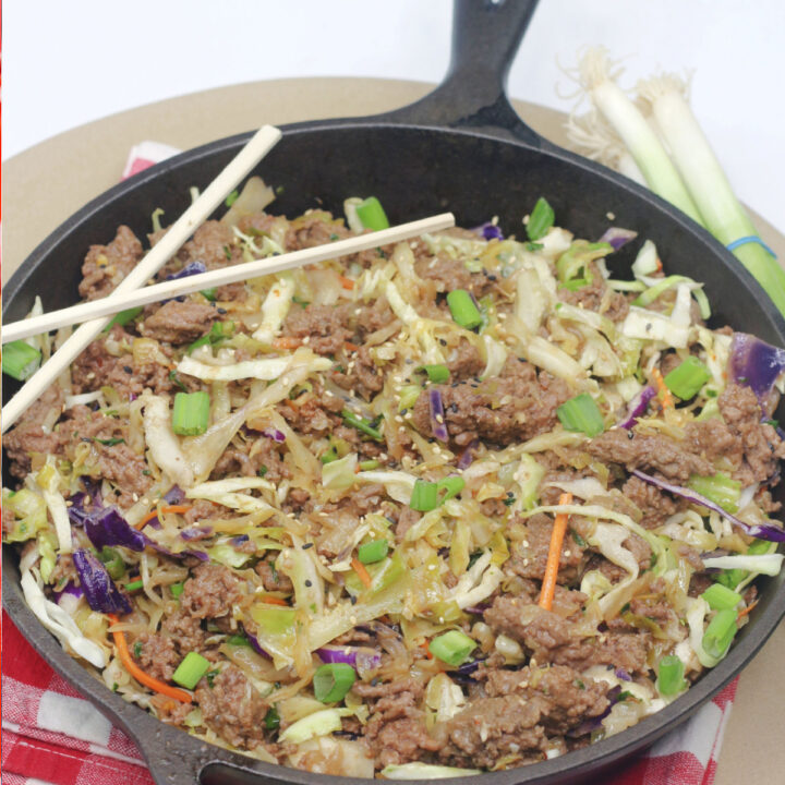 Thai stir fry in a frying pan.
