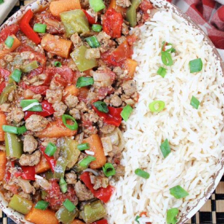 Jamaican beef stew with rice.